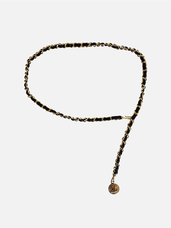 Ceinture Chanel vintage - Chaîne dorée & cuir noir