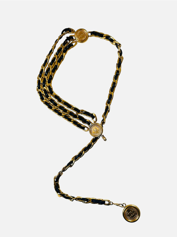 Ceinture Chanel vintage 3 rangs - Chaîne dorée & cuir noir